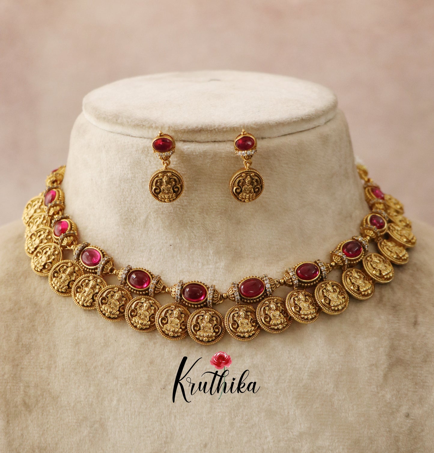 Pretty Lakshmi Coin Kempu Necklace NC1456( Available in 3 colours)