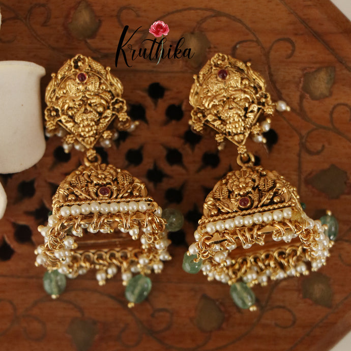 Trendy Peacock Flower Jhumkas with pastel green beads E419