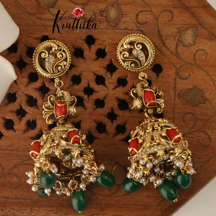 Beautiful Peacock Coral Bead Jhumkas E420 ( Available in 2 Colours)