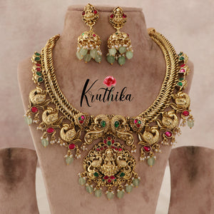 Premium Lakshmi Peacock Jadau Necklace-Pastel Green Beads NC1484