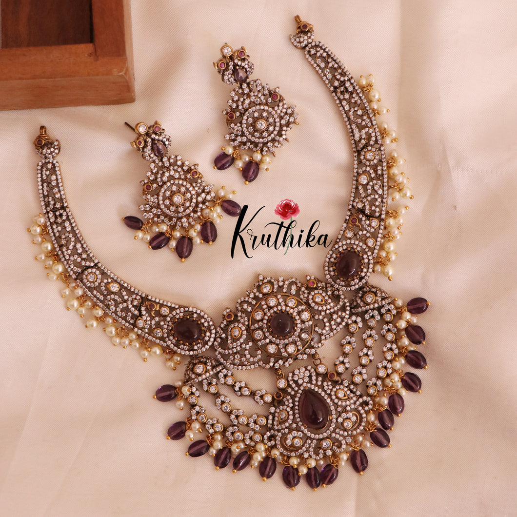 Elegant Premium AD/Victorian Peacock Necklace Purple Colour NC1709