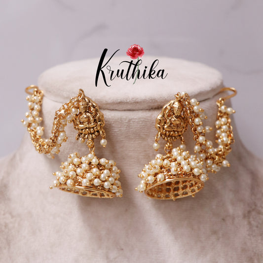 Pre order booking-Premium Lakshmi Jhumkas with Ear Chains E426 (Available in 2 Colours)- Pre order 25 to 30 days