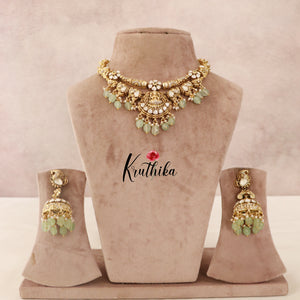 Beautiful Lakshmi Elephants Victorian Necklace-Pastel Green Beads NC1500