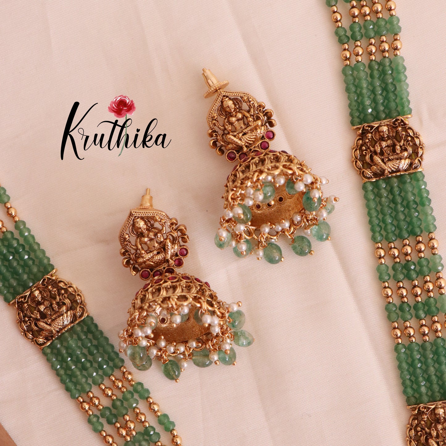 Grand Premium green Beads Lakshmi temple Haaram LH726