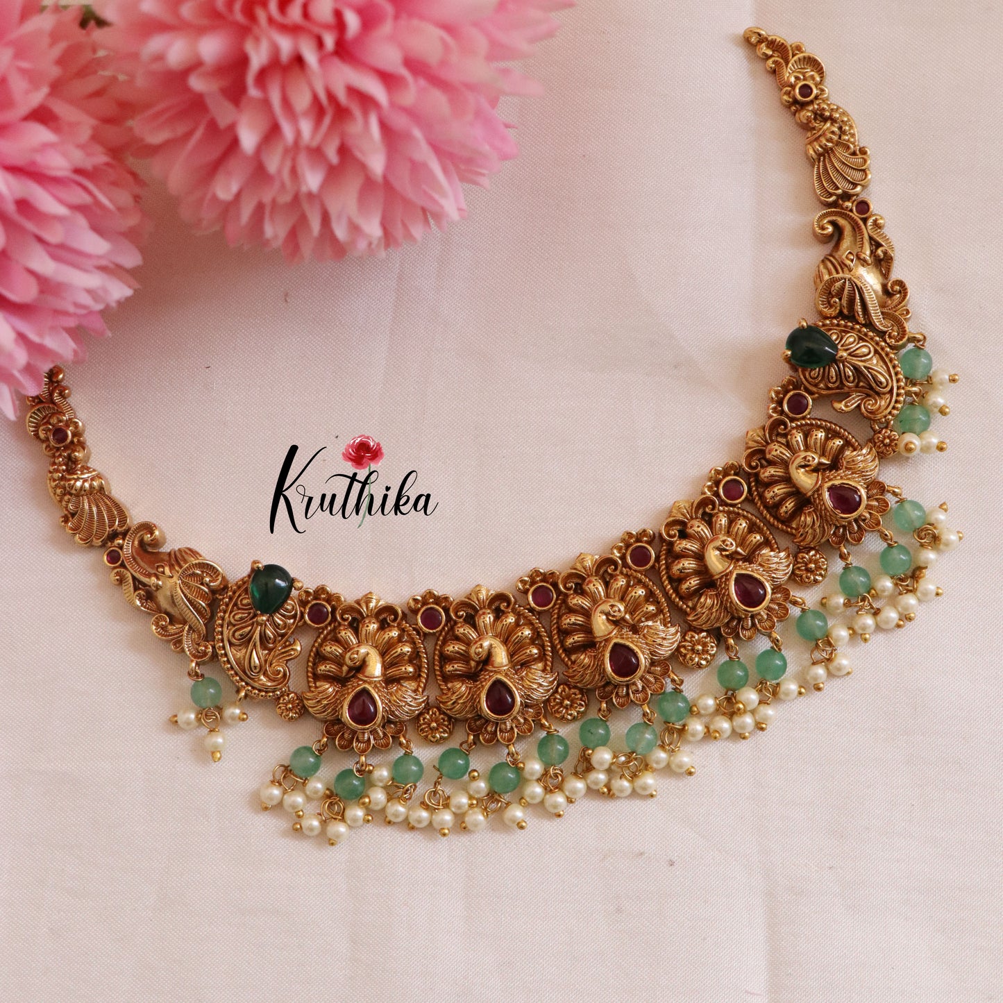 Beautiful Peacock Kemp Necklace with pastel bead drops NC1696
