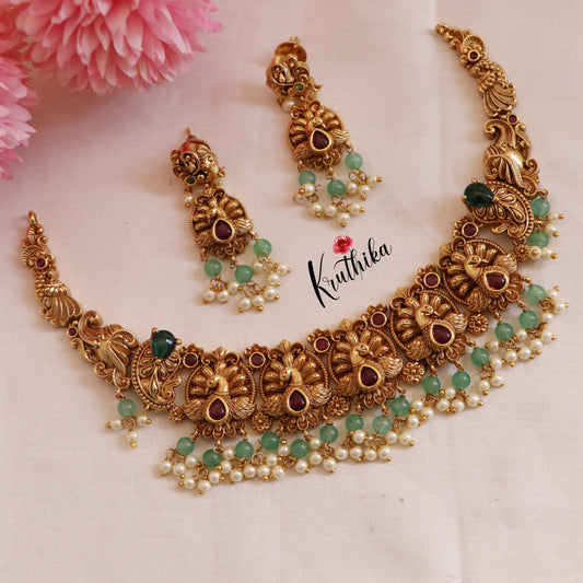 Beautiful Peacock Kemp Necklace with pastel bead drops NC1696