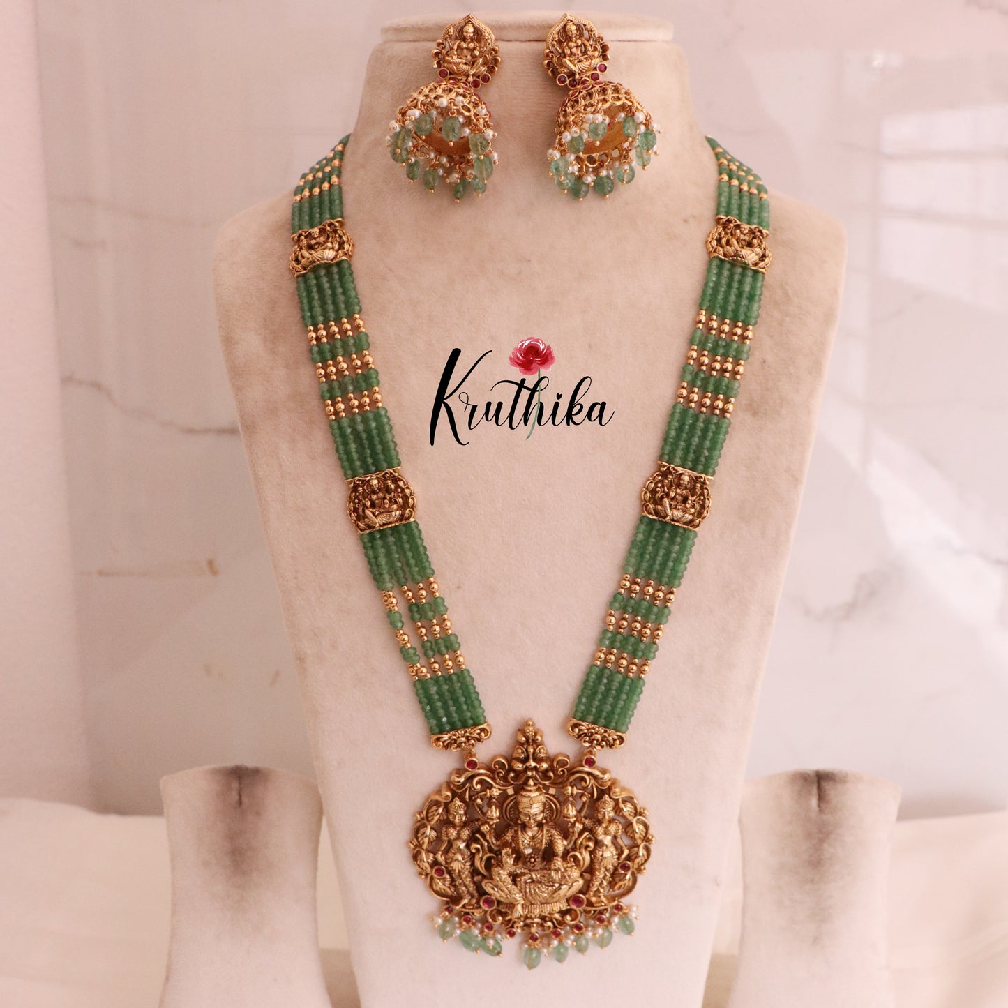 Grand Premium green Beads Lakshmi temple Haaram LH726