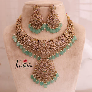 Elegant Premium AD/Victorian Peacock with Sea Green Beads NC1710