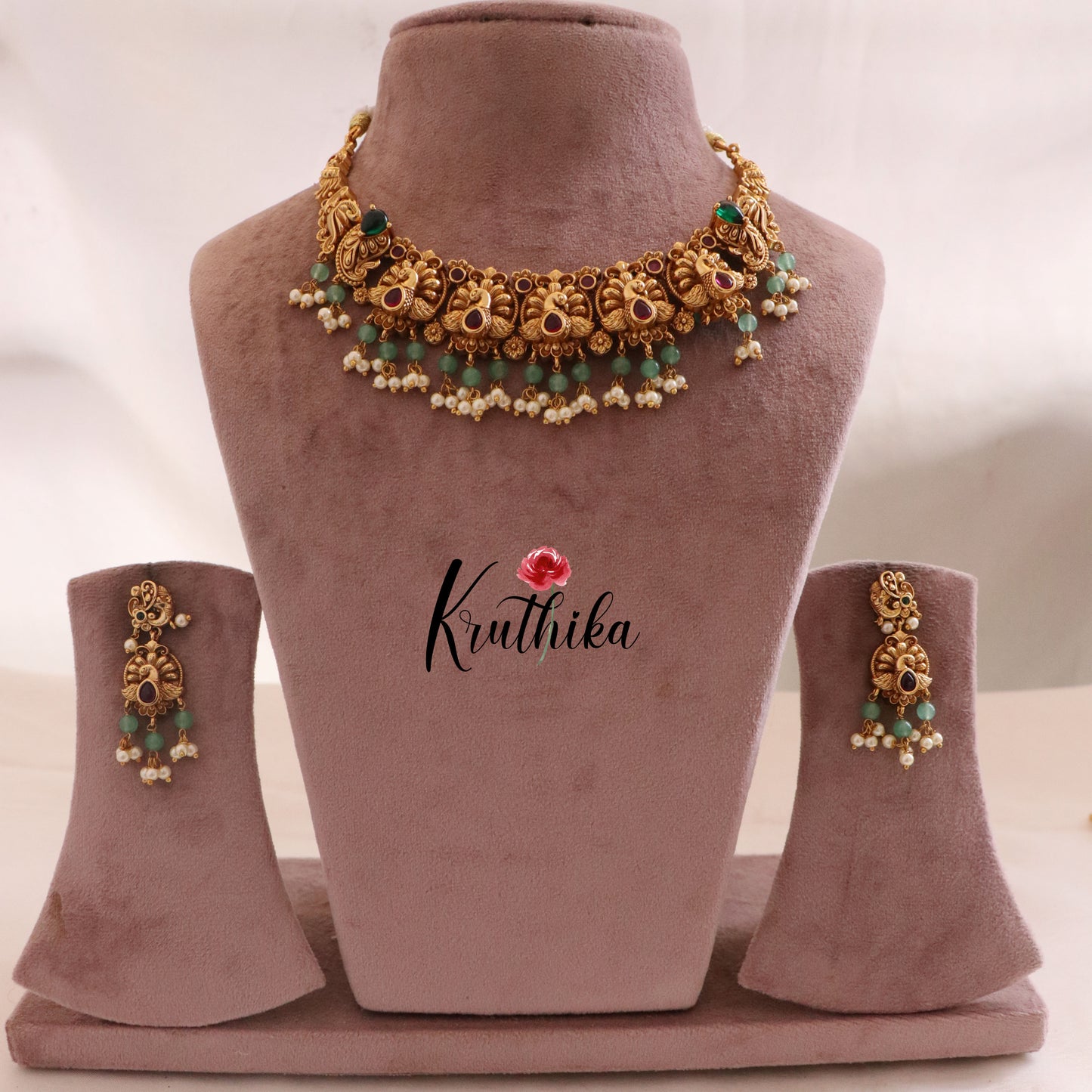 Beautiful Peacock Kemp Necklace with pastel bead drops NC1696