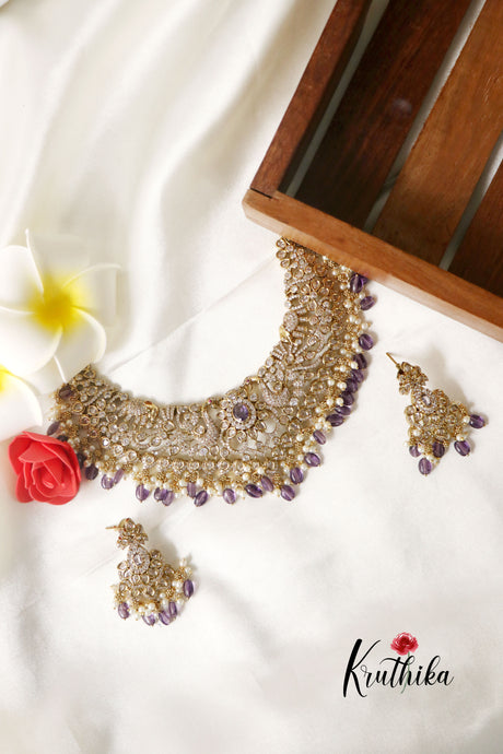 Premium Victorian choker with purple beads NC1220