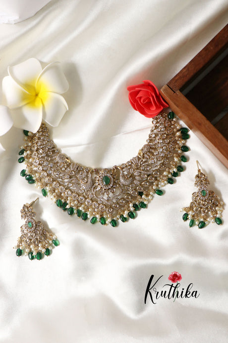 Premium Victorian choker with green beads NC1221