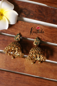 Trendy peacock emerald jhumkas E369