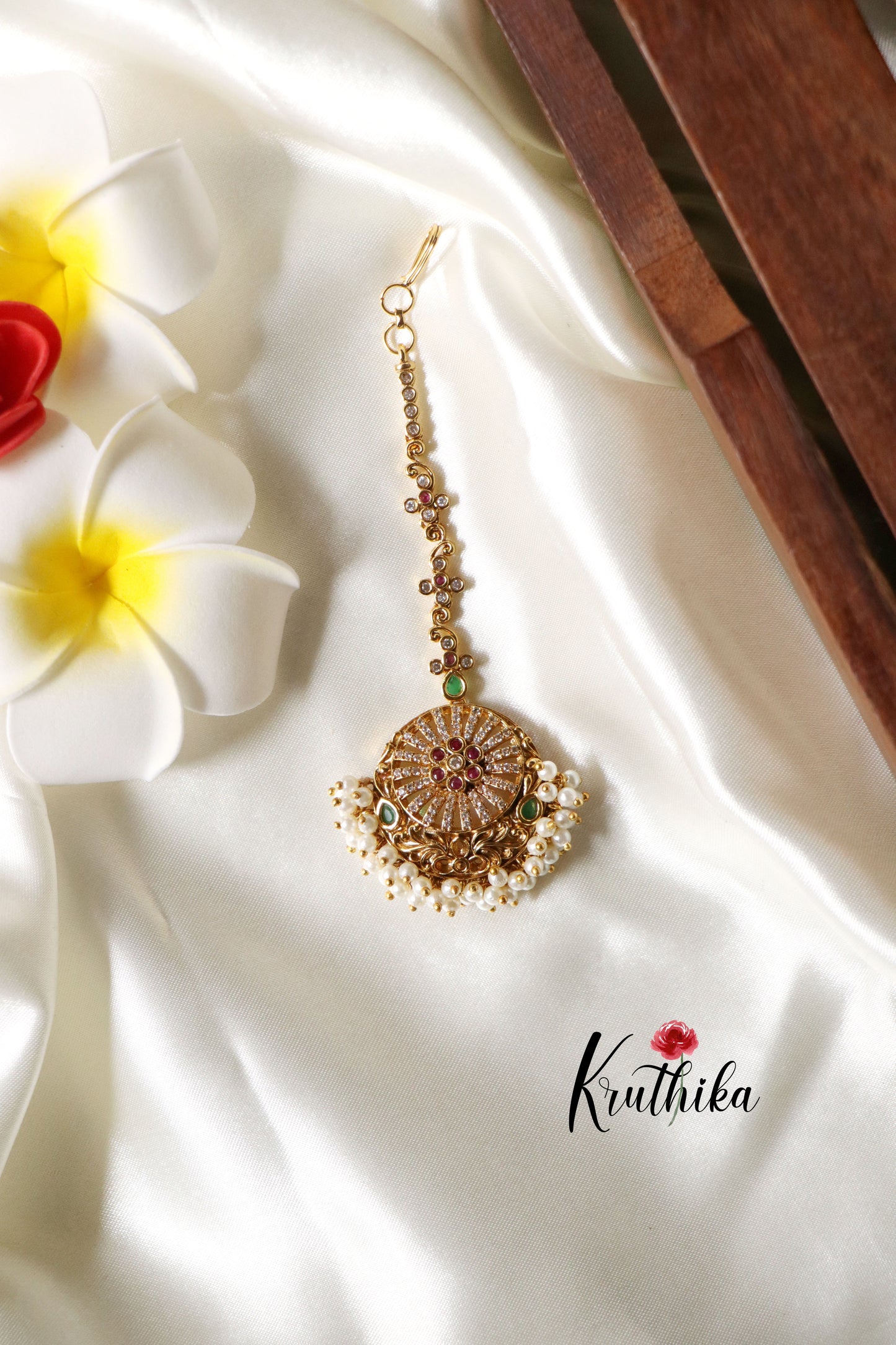 Premium CZ kemp pearls Maang tika MT179