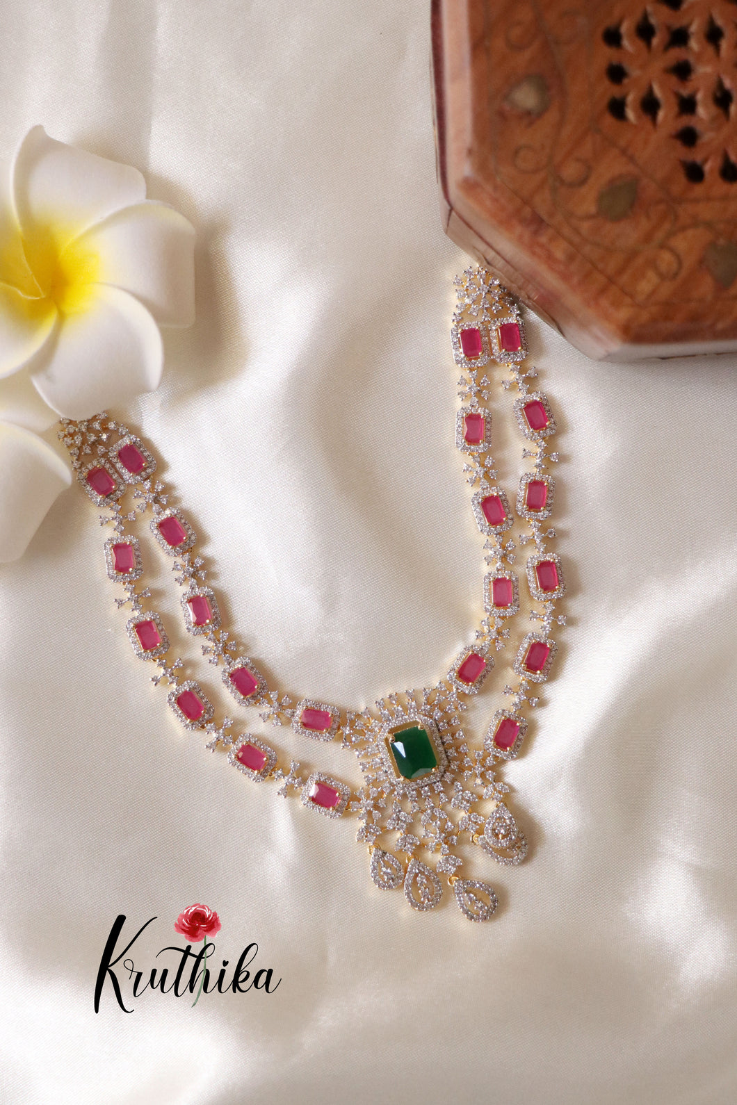 Sparkling Two Layer CZ Ruby and Green Stone Necklace NC1253