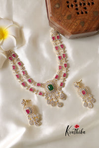 Sparkling Two Layer CZ Ruby and Green Stone Necklace NC1253