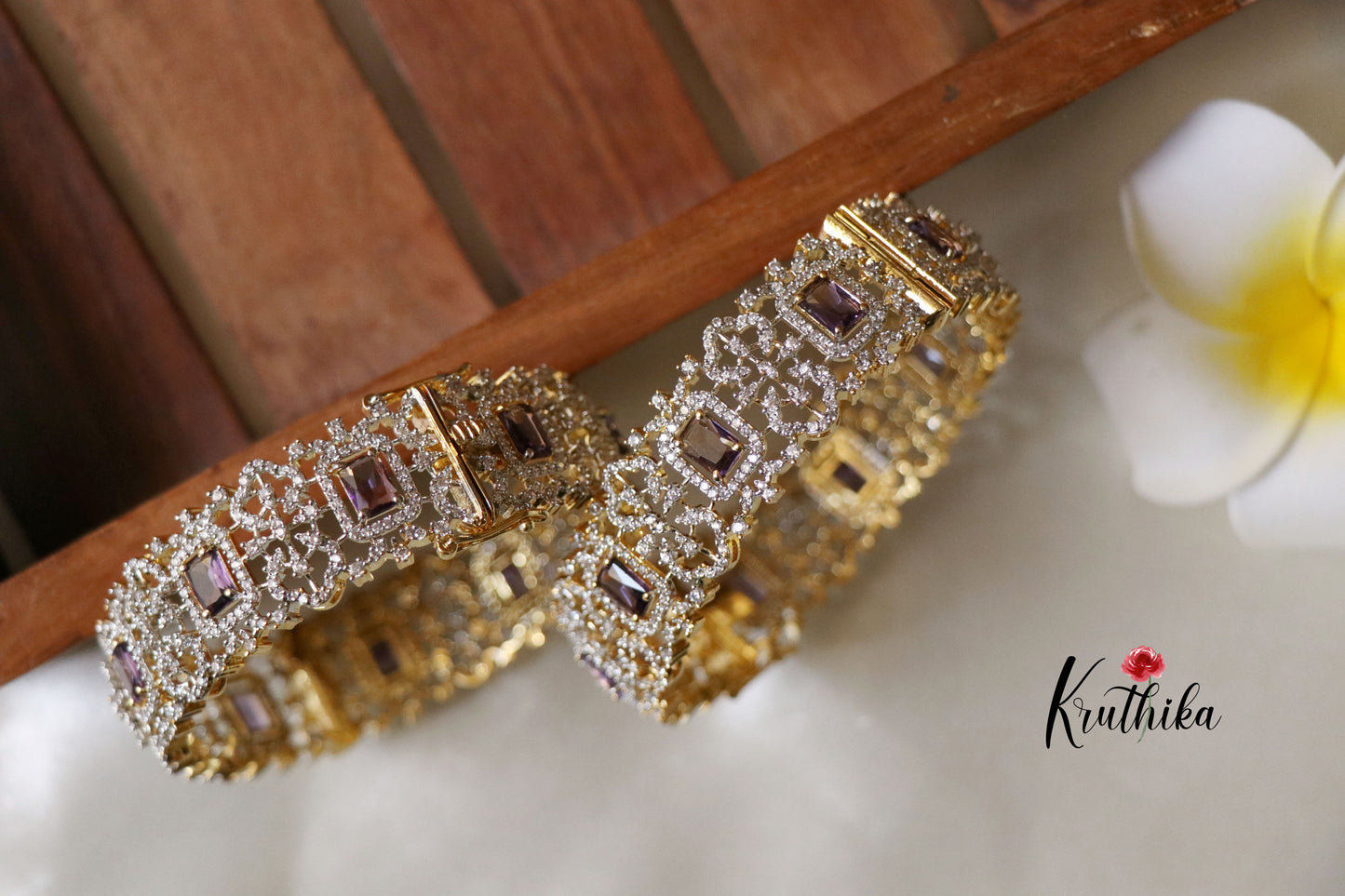 Sparkling CZ gold finish purple Bangles B149