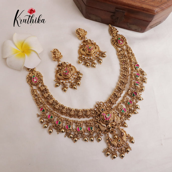 Elegant Two Layer Lakshmi Jadau Necklace with Beads (Available in 2 Colors) NC1994