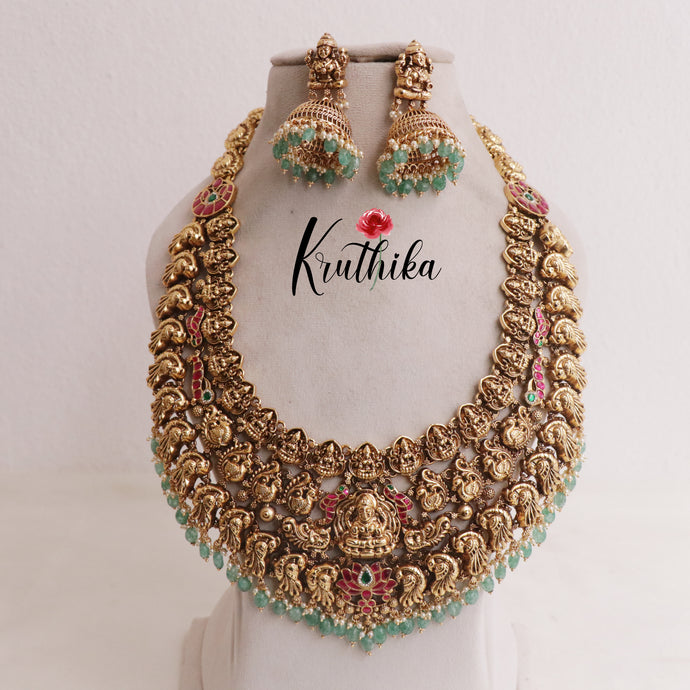 Gorgeous Temple Lakshmi Jadau Haaram with Pastel Green Beads LH1873