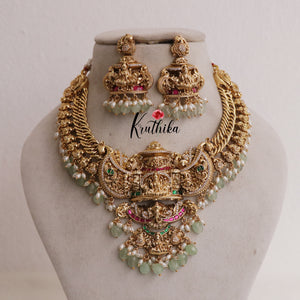 Royal Grand Nagas Jadau Temple necklace in Jalebi pattern with Green Beads NC1874 (Available  In 3 Colours)