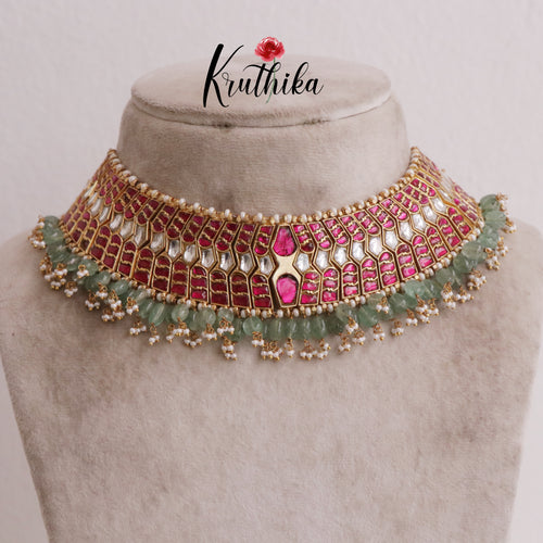 Gorgeous Multi Stone Jadau Chocker with White beads NC2006