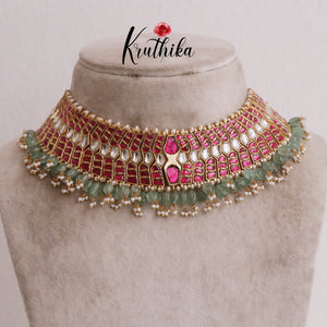 Gorgeous Multi Stone Jadau Chocker with White beads NC2006