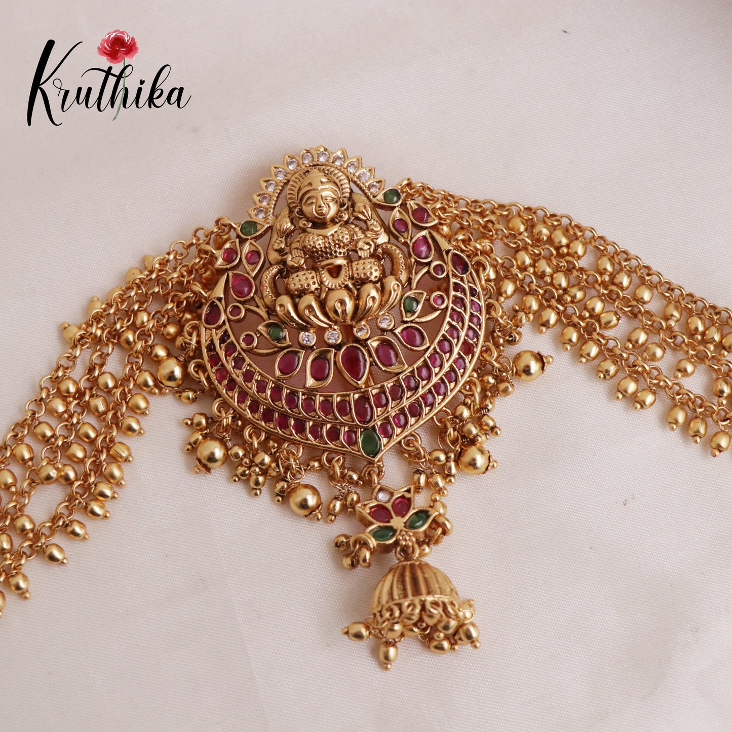 Elegant Kemp Stone Lakshmi Jada Billa with Golden Earchains J164 (Available in 2 Colours)
