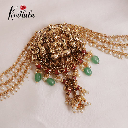 Royal Coral Temple Lakshmi Devi and Peacock Design Jada Billa With Pearl Earchains J167