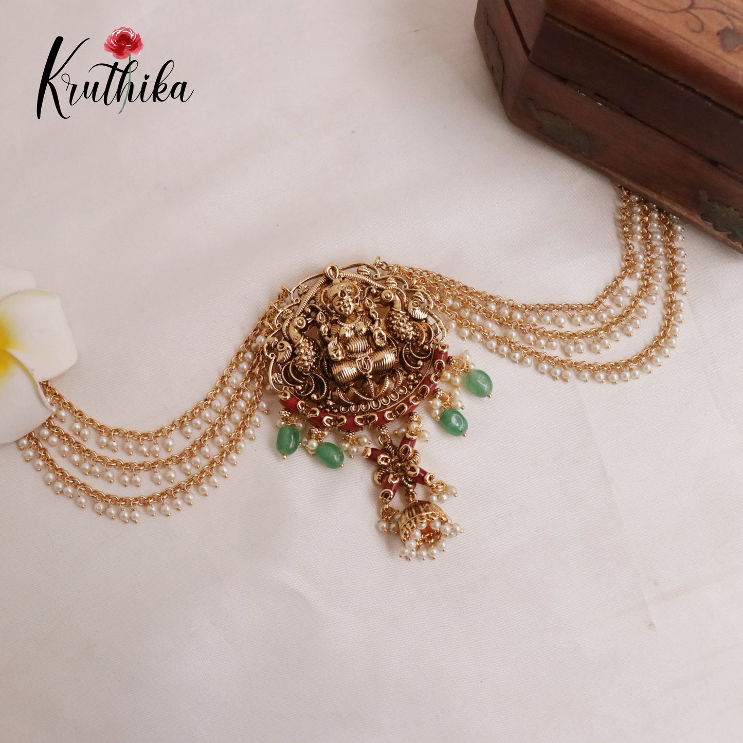 Royal Coral Temple Lakshmi Devi and Peacock Design Jada Billa With Pearl Earchains J167