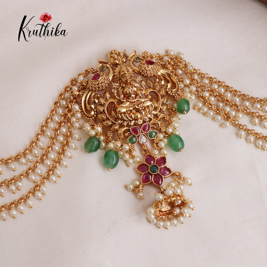 Premium Temple Lakhmi and Peacock Design Jada Billa with Earchains J165  (Available in 2 Colour Beads)