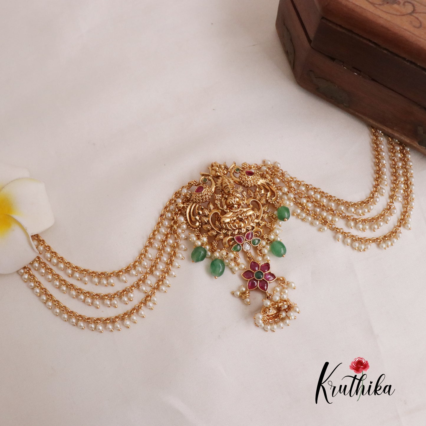 Premium Temple Lakhmi and Peacock Design Jada Billa with Earchains J165  (Available in 2 Colour Beads)