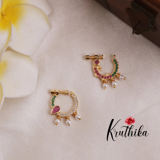 Trendy CZ Sparkling Nose Ring with Pearl Drops / Nath/ (Assorted Colors) N66