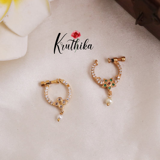 Trendy CZ Floral Nose Rings with Pearl Drops / Nath/ (Assorted Colors) N62