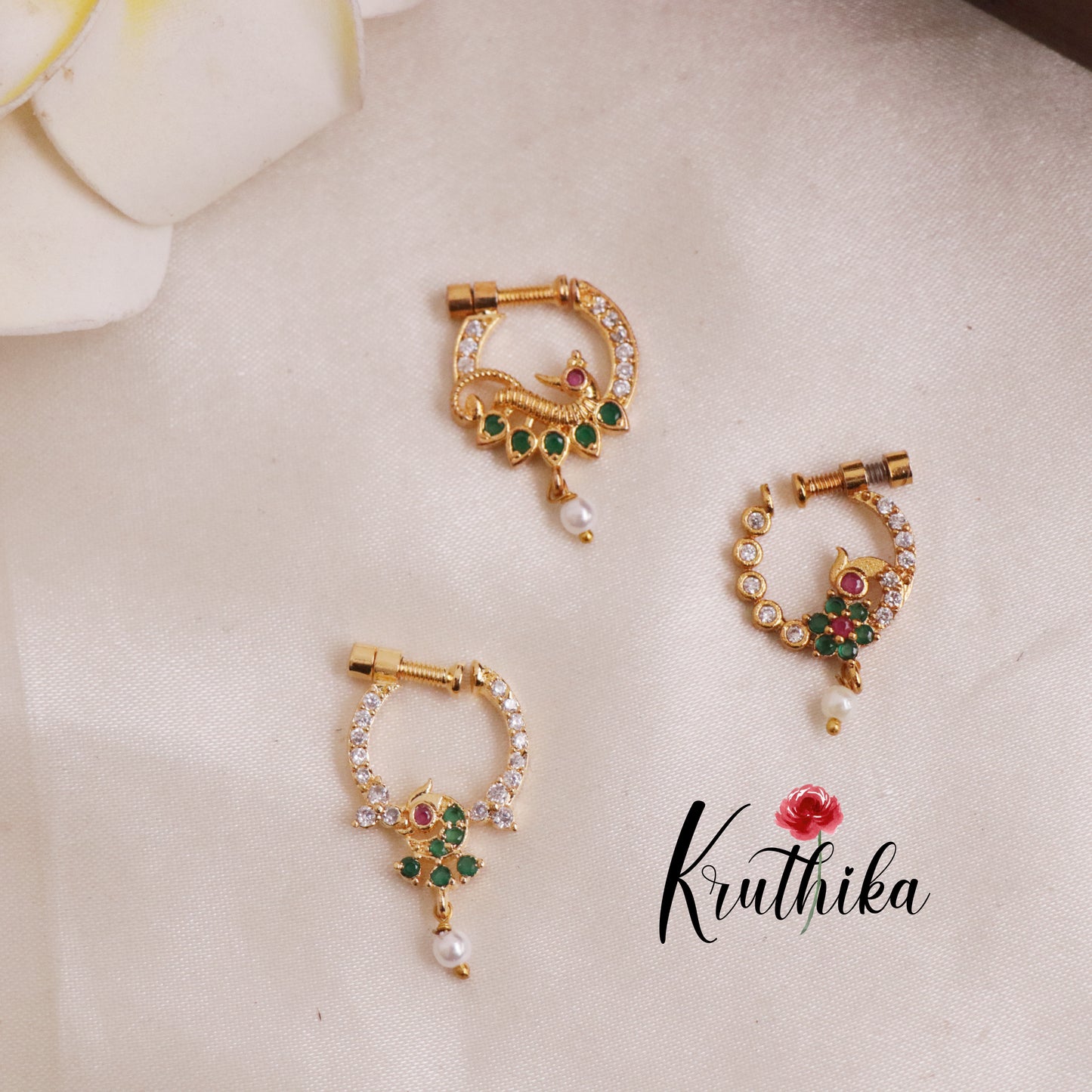 Trendy CZ Peacock Nose Rings with Pearl Drops / Nath/ (Assorted Colors) N61