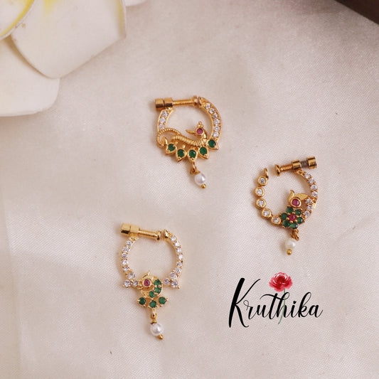 Trendy CZ Peacock Nose Rings with Pearl Drops / Nath/ (Assorted Colors) N61