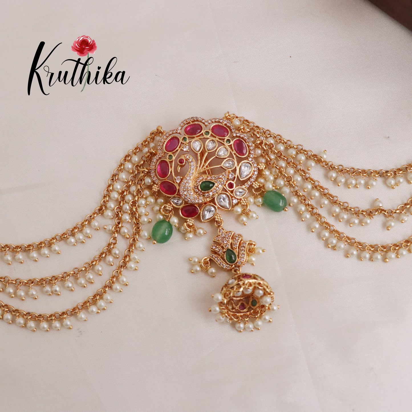 Premium Peacock Jadau Jada Billa with Pearl Chains J145