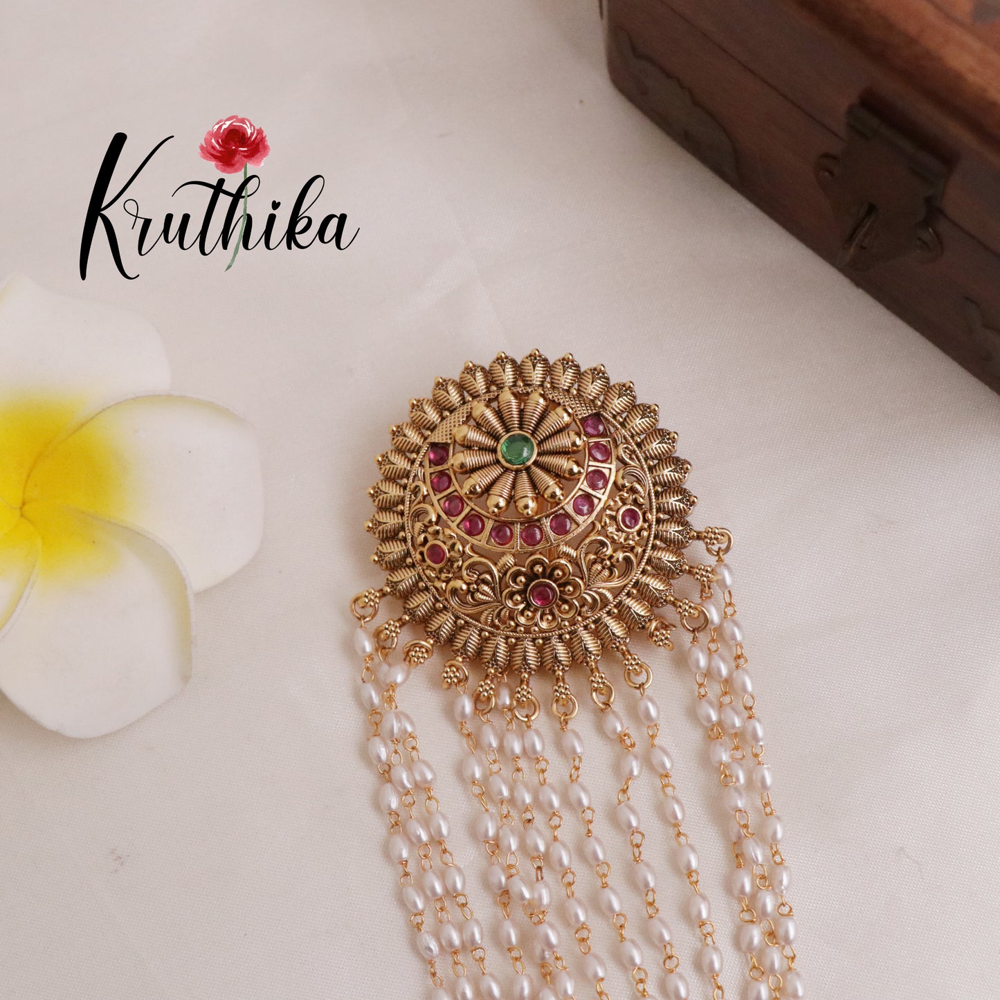 Traditional Multi Stone Jada Billa with Pearl Chains J146