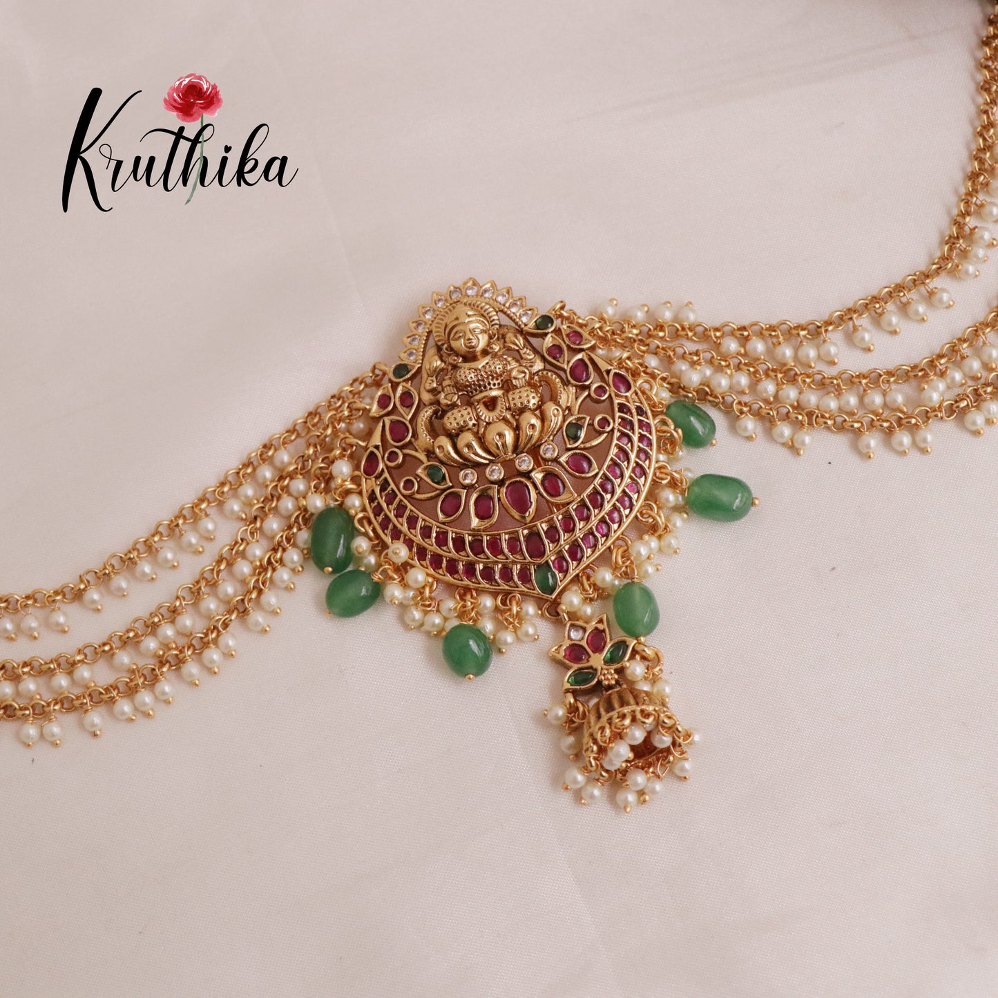 Elegant Kemp Stone Lakshmi Jada Billa with Golden Earchains J164 (Available in 2 Colours)
