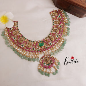 Elegant Floral Jadau necklace with Green Beads Nc2002