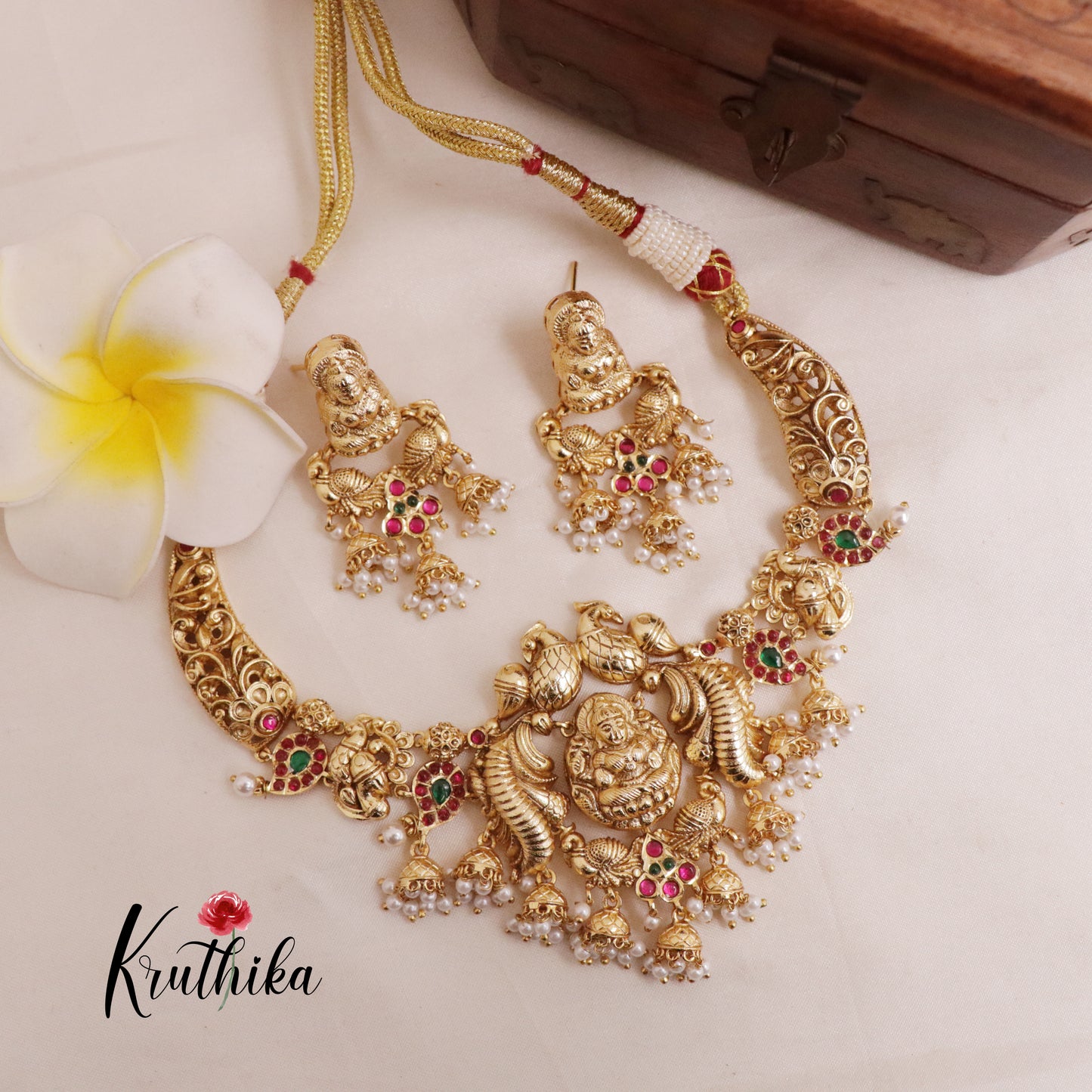 Elegant Kemp Stone Peacock Temple Lakshmi Devi Necklace with Pearl Beads NC2001