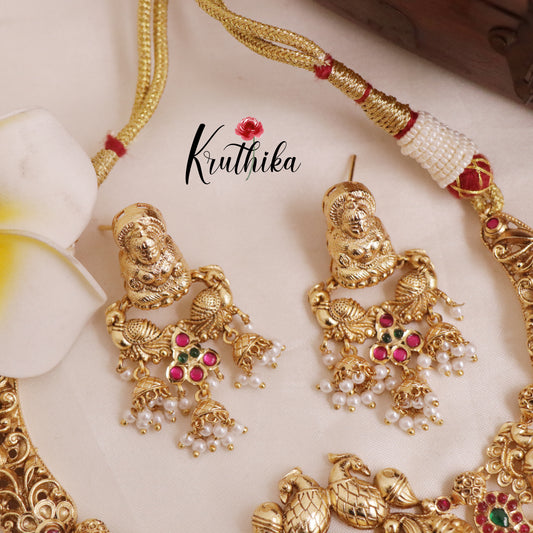 Elegant Kemp Stone Peacock Temple Lakshmi Devi Necklace with Pearl Beads NC2001