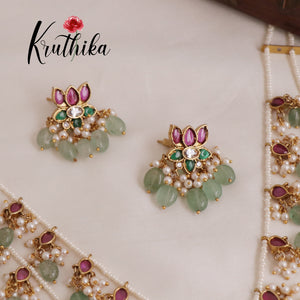 Beautiful Multi Stone Three Layer haaram with Pastel Green Beads LH1877
