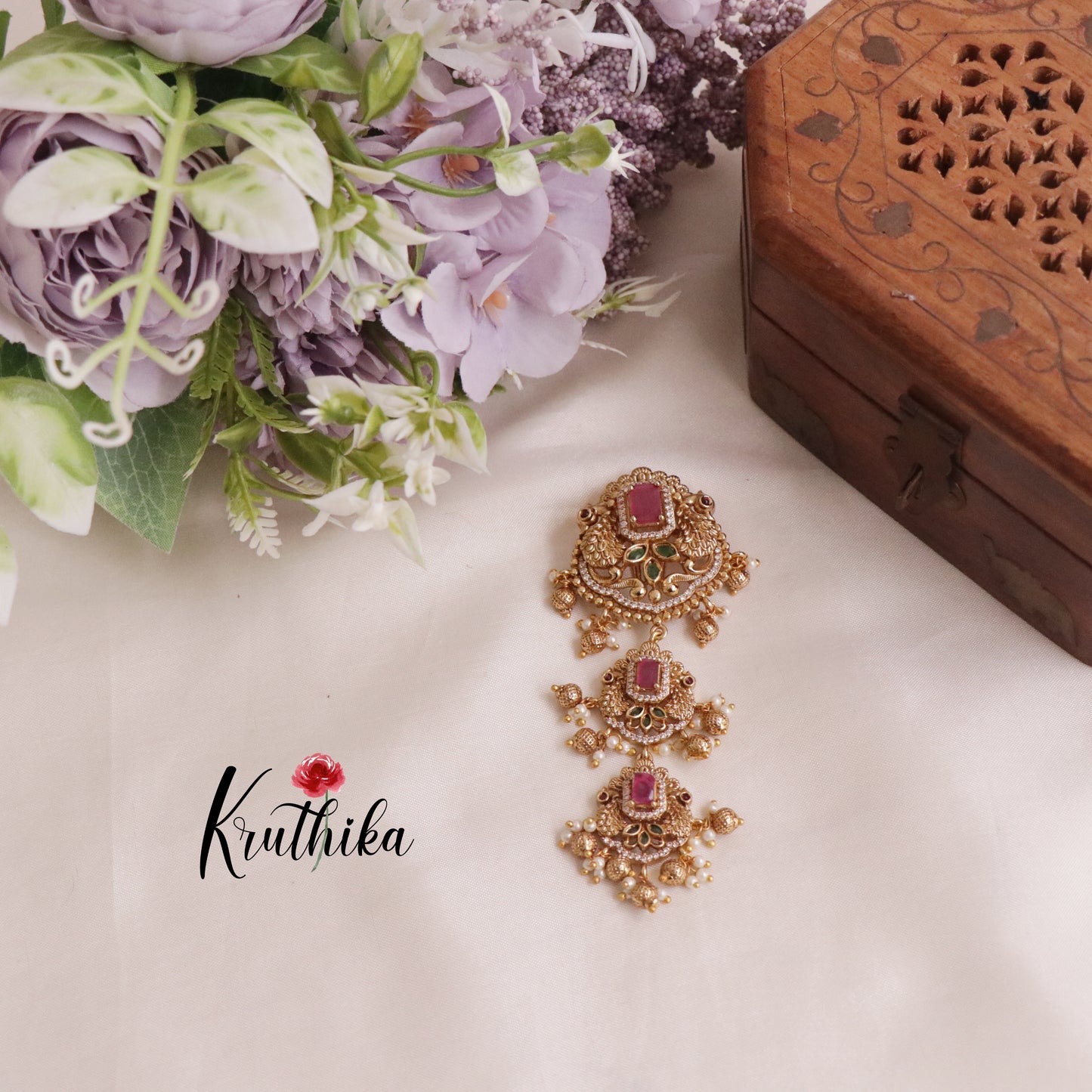 Trendy Ad Peacock Jada Billa with Golden Beads J170