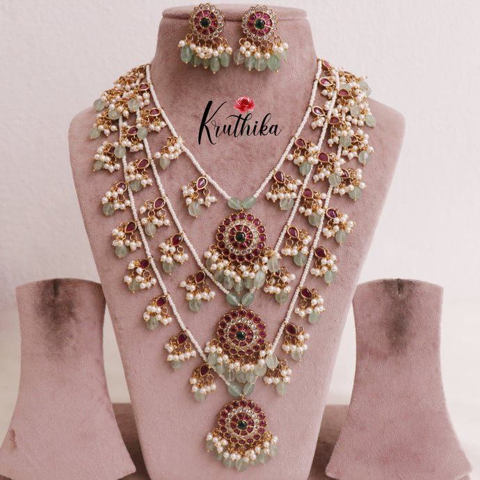 Gorgeous Multi Stone Three Layer Necklace with Pastel Green Beads LH1878