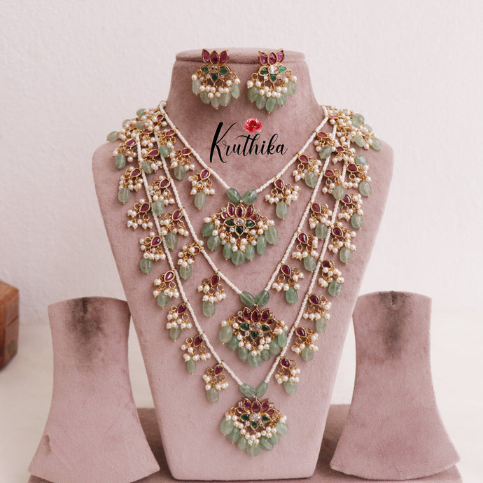 Beautiful Multi Stone Three Layer haaram with Pastel Green Beads LH1877