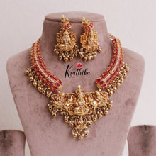 Beautiful Oval Stones CZ Lakshmi Devi Pendant Necklace with Golden Beads Drops (Availabe in 2 Colours) NC1998