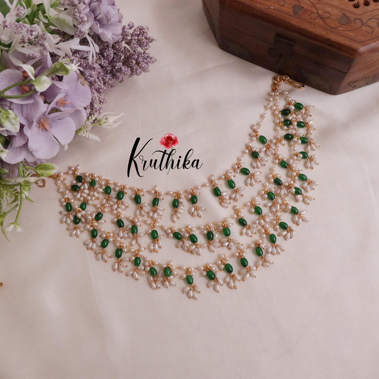 Beautiful Three Layer Emerald Pearl Guttapusalu Hair Accessories J142