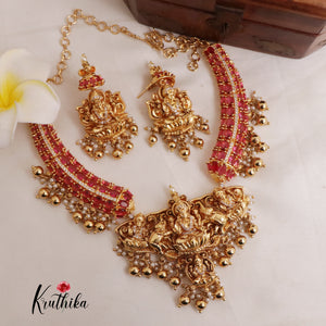 Beautiful Oval Stones CZ Lakshmi Devi Pendant Necklace with Golden Beads Drops (Availabe in 2 Colours) NC1998