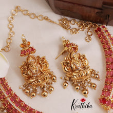 Beautiful Oval Stones CZ Lakshmi Devi Pendant Necklace with Golden Beads Drops (Availabe in 2 Colours) NC1998