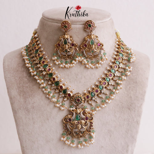 Royal Premium Peacock Design Guttaposalu Necklace with Pearl Drops NC2014