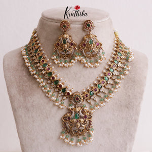 Royal Premium Peacock Design Guttaposalu Necklace with Pearl Drops NC2014
